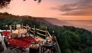 Couple enjoying a romantic honeymoon safari in Africa at sunset