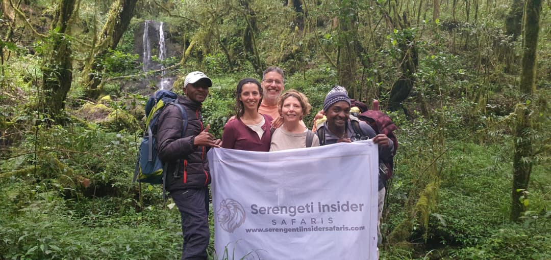 Tourists enjoying a scenic waterfall in Tanzania