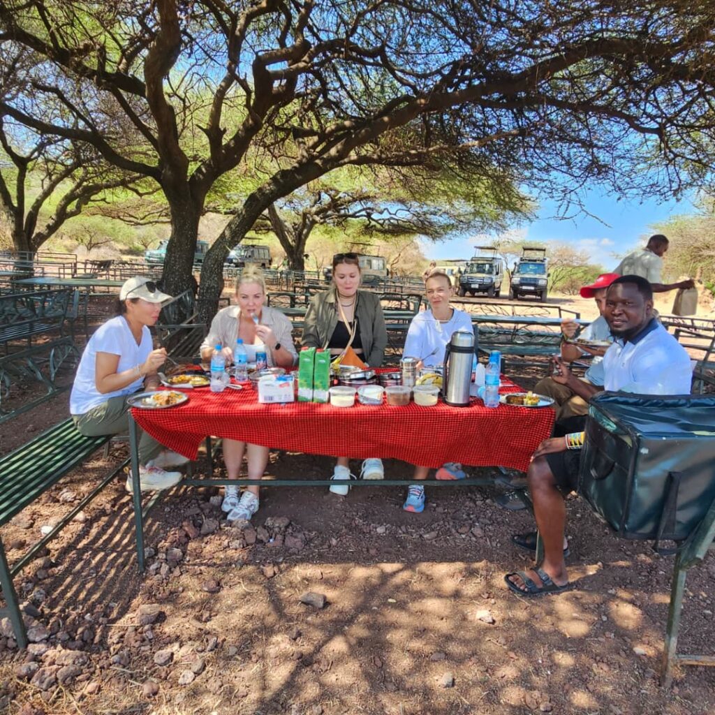 Tourists enjoying lunch under a tree during a safari in Serengeti National Park, Tanzania.